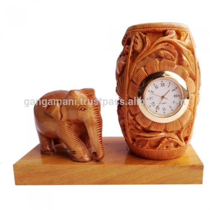 手作りの木製象でペンホルダー時計テーブルトップギフトセット-木工芸品、ウッドクラフト問屋・仕入れ・卸・卸売り