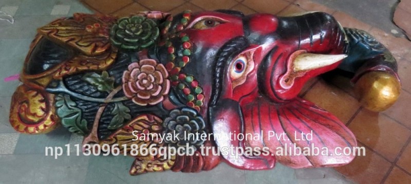 手作り木製マスク の象赤青神壁掛け製ネパール-問屋・仕入れ・卸・卸売り