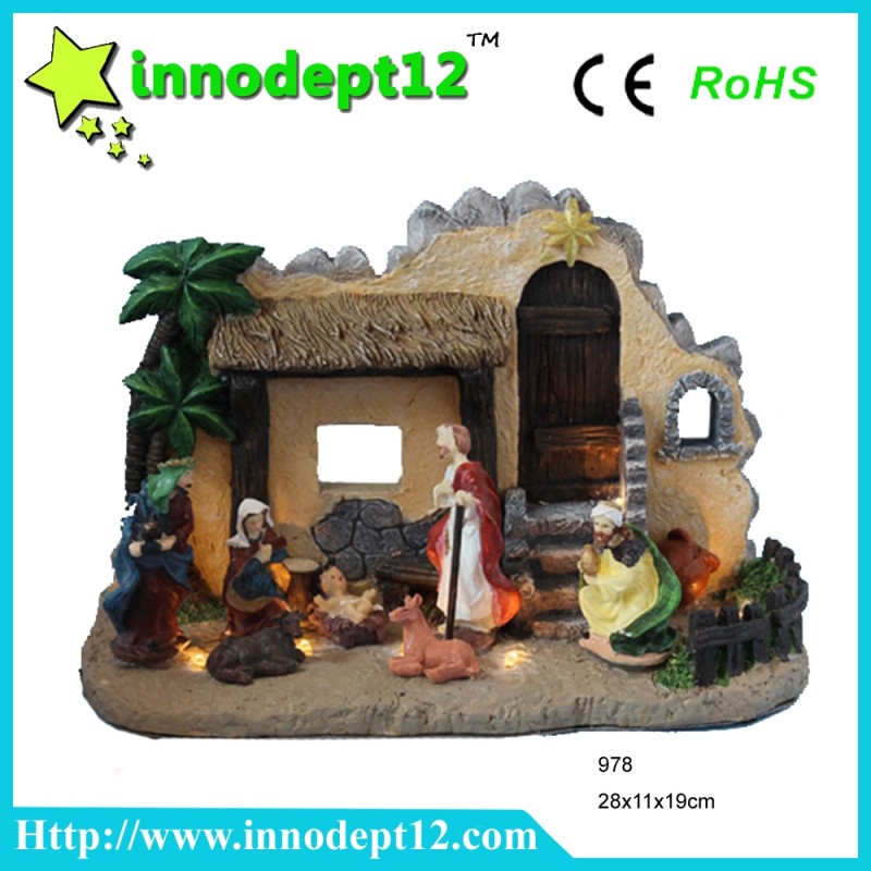 クリスマス樹脂家とキリスト降誕の置物の吸引、 ledが付いている聖家族の置物、 b/o-民芸品問屋・仕入れ・卸・卸売り
