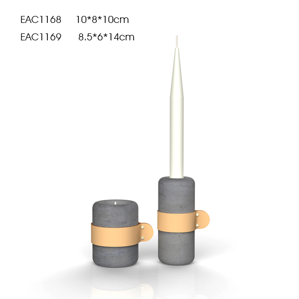 Beton/コンクリート/セメントキャンドルスティックホルダーとキャンドルジャーで革ハンドル-キャンドルホルダー問屋・仕入れ・卸・卸売り