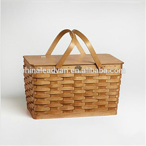 古典的な木製の手工芸品を持つ木蓋ピクニックバスケットを織り-民芸品問屋・仕入れ・卸・卸売り