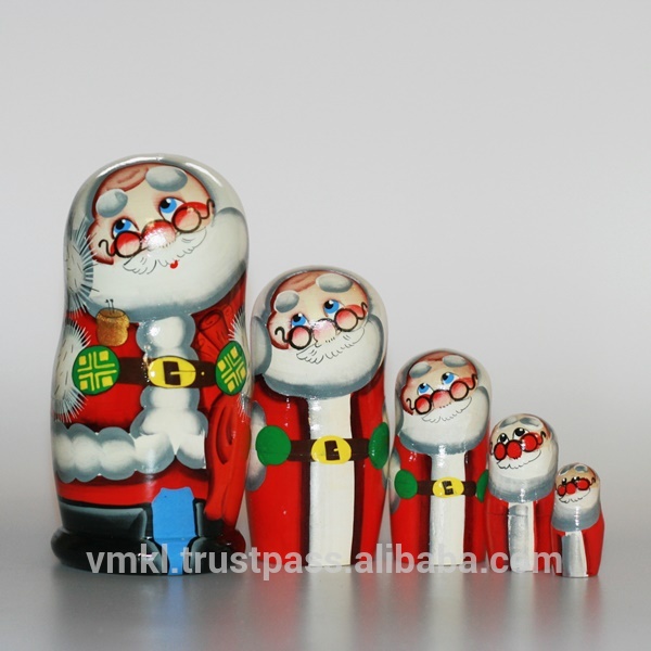 サンタクロースでベルマトリョーシカ人形、5ピースで設定、ロシアの入れ子人形、MD0502-nruk-民芸品問屋・仕入れ・卸・卸売り