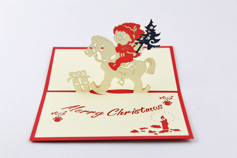 ハッピークリスマスキッドと木製の馬3d形をした手作りのグリーティングカード、 卸売休日の挨拶状( swtpr1200)-ギフトセット問屋・仕入れ・卸・卸売り