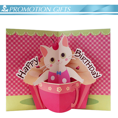 エコ- 優しいかわいいピンクのカップ猫の誕生日カード-アンティーク、イミテーション工芸品問屋・仕入れ・卸・卸売り
