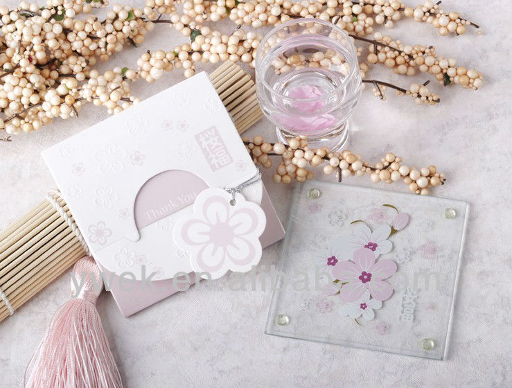 ピンクの桜の花の結婚式のためのガラスのコースターの好意の販売ホット!-ウエディングデコレーション、ギフト問屋・仕入れ・卸・卸売り