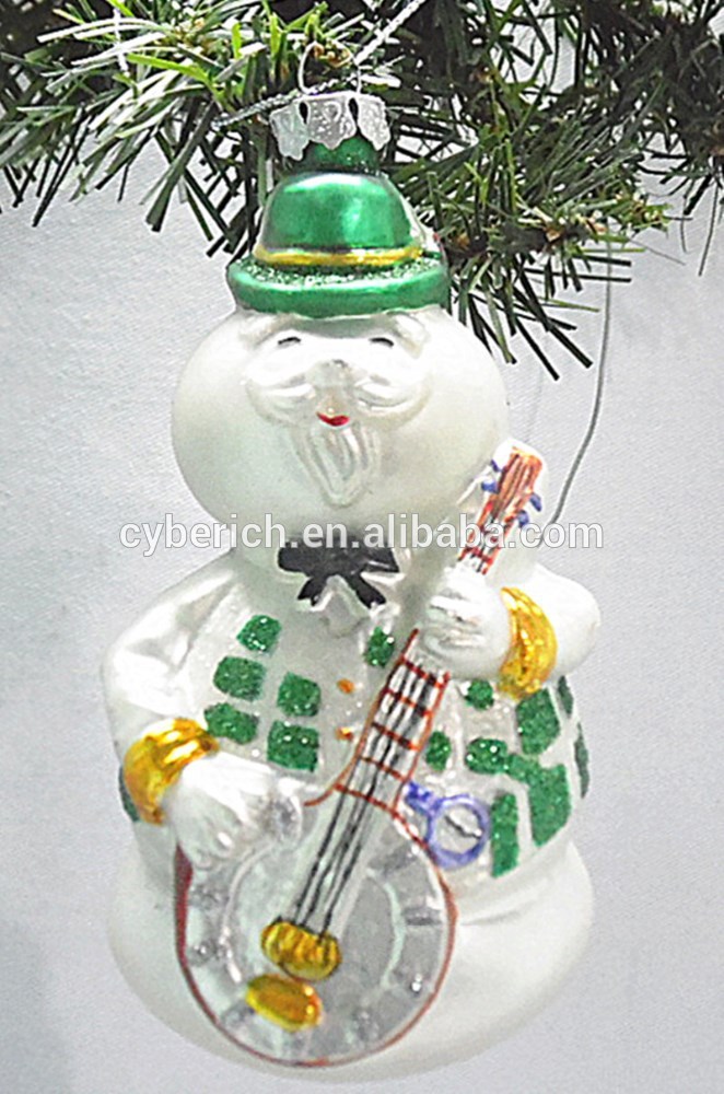 身に着けている緑色の帽子持って、 バイオリンクリスマスオーナメント装飾ガラス製雪だるま-ガラス製品問屋・仕入れ・卸・卸売り