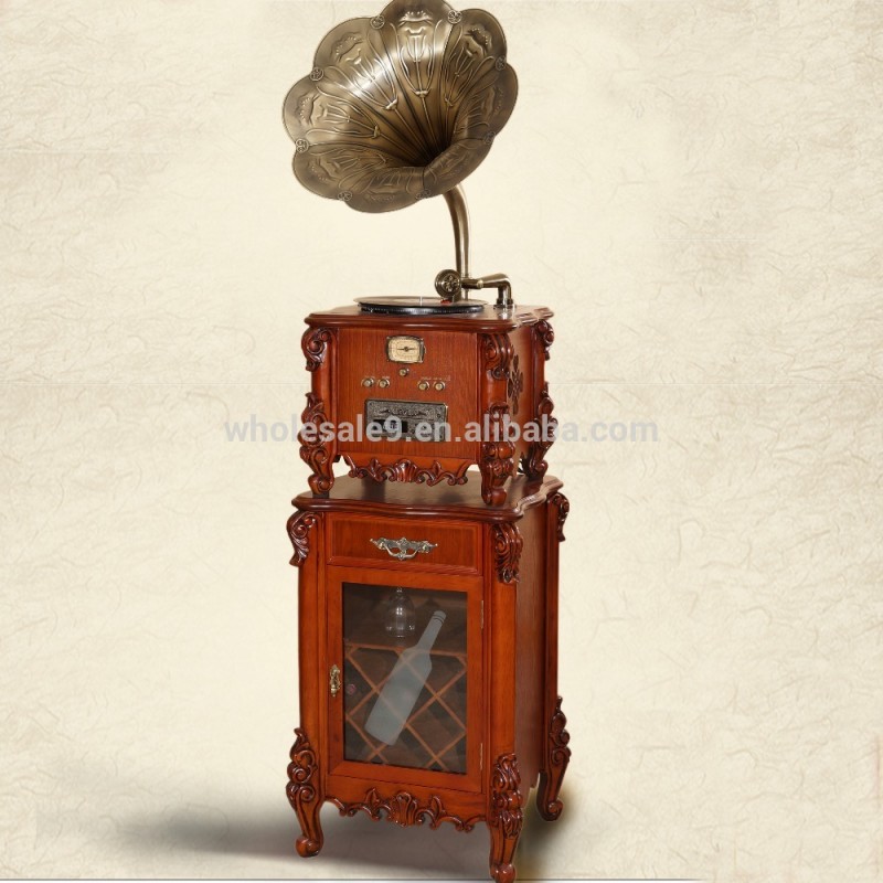 ビニールの音楽プレーヤーcdロッカーmp3ラジオgraphophoneマシンの木材彫刻が施された昔ながらの蓄音機アンティーク-オルゴール問屋・仕入れ・卸・卸売り