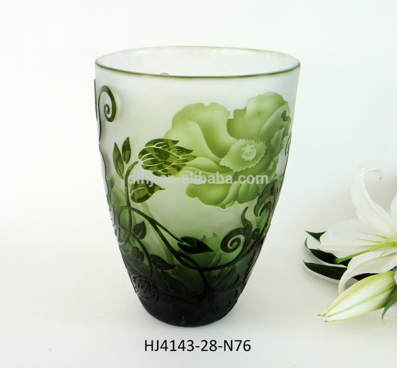 サンドブラストグリーンのガラスの花瓶-ガラス製品問屋・仕入れ・卸・卸売り