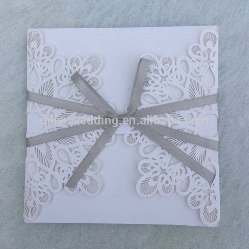 グレーリボン装飾ピュアホワイトベンガル結婚式の招待カード-アンティーク、イミテーション工芸品問屋・仕入れ・卸・卸売り