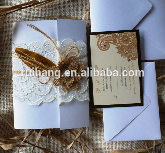 素朴なフラワー黄麻布レースの結婚式の招待状のカード-紙工芸品、ペーパークラフト問屋・仕入れ・卸・卸売り