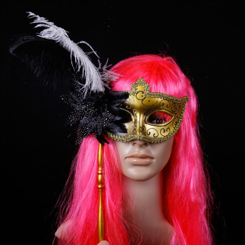 新しいデザインのゴールド2015利用可能なハンドル付きパーティーマスクスティックに亀裂ダチョウの羽-パーティーマスク、仮面問屋・仕入れ・卸・卸売り