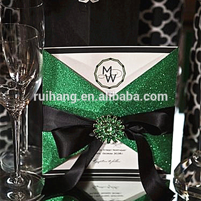 グラマラス&チャーミンググリーングリッター結婚式招待状で黒リボン-造花問屋・仕入れ・卸・卸売り