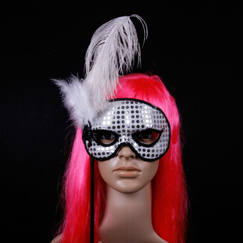 新しい2015亀裂使用可能なデザインハンドル付きパーティーマスクスティックにダチョウの羽-パーティーマスク、仮面問屋・仕入れ・卸・卸売り