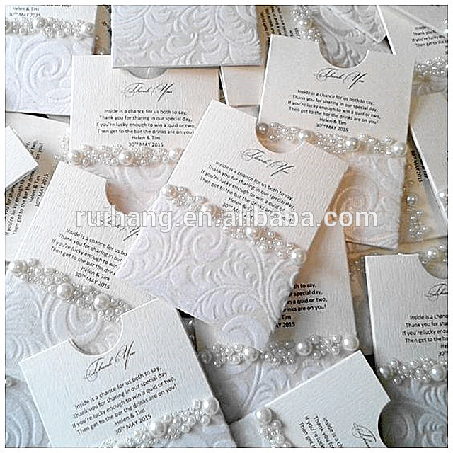 クラッシー&豪華な白いエンボス結婚式招待状パール装飾-造花問屋・仕入れ・卸・卸売り