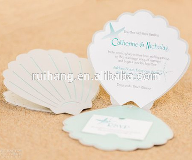 ラブリー&ユニークなビーチをテーマにしたライトブルー海シェル型のレーザーカット結婚式招待状-造花問屋・仕入れ・卸・卸売り