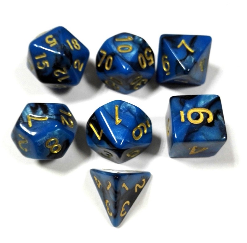 多面体7-Diceセット-真珠光沢ブルーでゴールド数字-サイコロ問屋・仕入れ・卸・卸売り