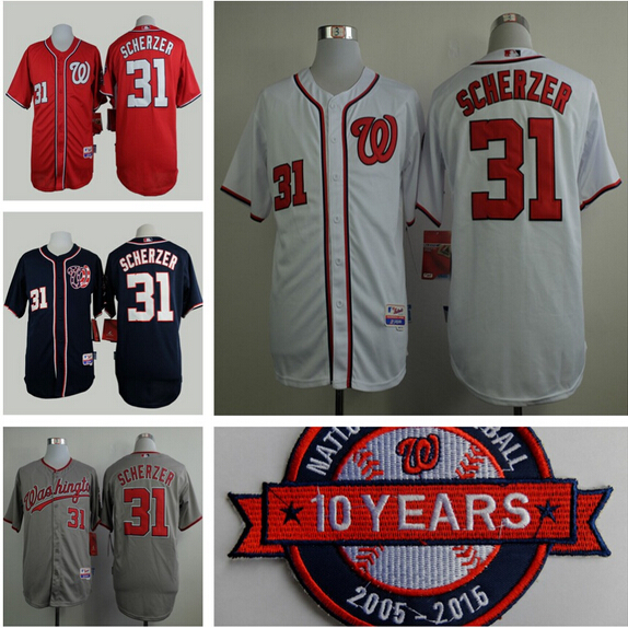 新しい本物の201531maxscherzerワシントンナショナルズ野球ジャージ刺繍パッチ十周年ステッチのシャツ-野球、ソフトボールウェア問屋・仕入れ・卸・卸売り