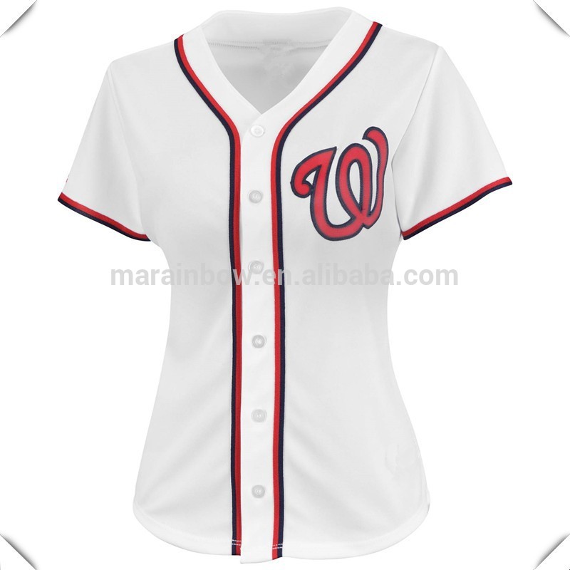空白女性のmlb野球ジャージシャツのカスタムが作ったと白い平原赤の刺繍パッチ付きスリムフィット設計熱い販売-野球、ソフトボールウェア問屋・仕入れ・卸・卸売り
