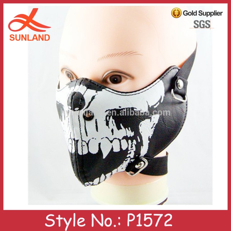 P1572クールデザイン黒印刷革ハロウィンスカルハーフフェイスマスク卸売-その他スポーツ安全用品問屋・仕入れ・卸・卸売り