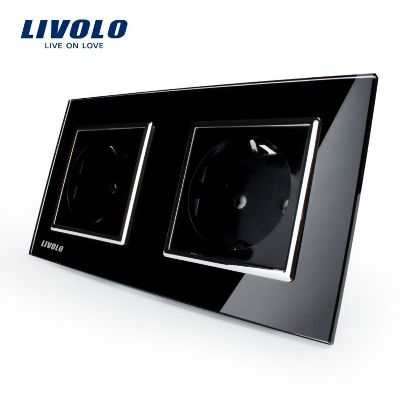 Livoloeu標準的な二重壁の電源ソケット、 ブラッククリスタルガラスパネル、 ac110~250v16avl-c7c2eu-12壁コンセント-プラグ、ソケット問屋・仕入れ・卸・卸売り