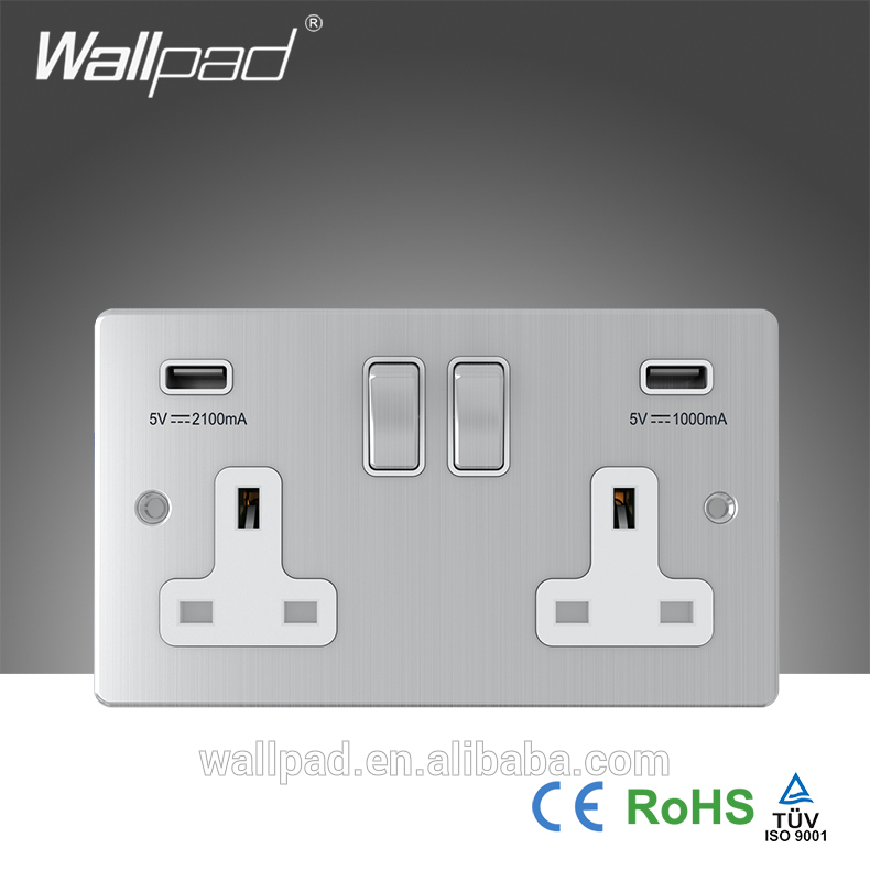 最高品質wallpad250v英国標準的な銀ブラシをかけられたステンレス13aダブル英国壁ソケット2連usbのコンセント、 3.1アンペア-壁スイッチ問屋・仕入れ・卸・卸売り