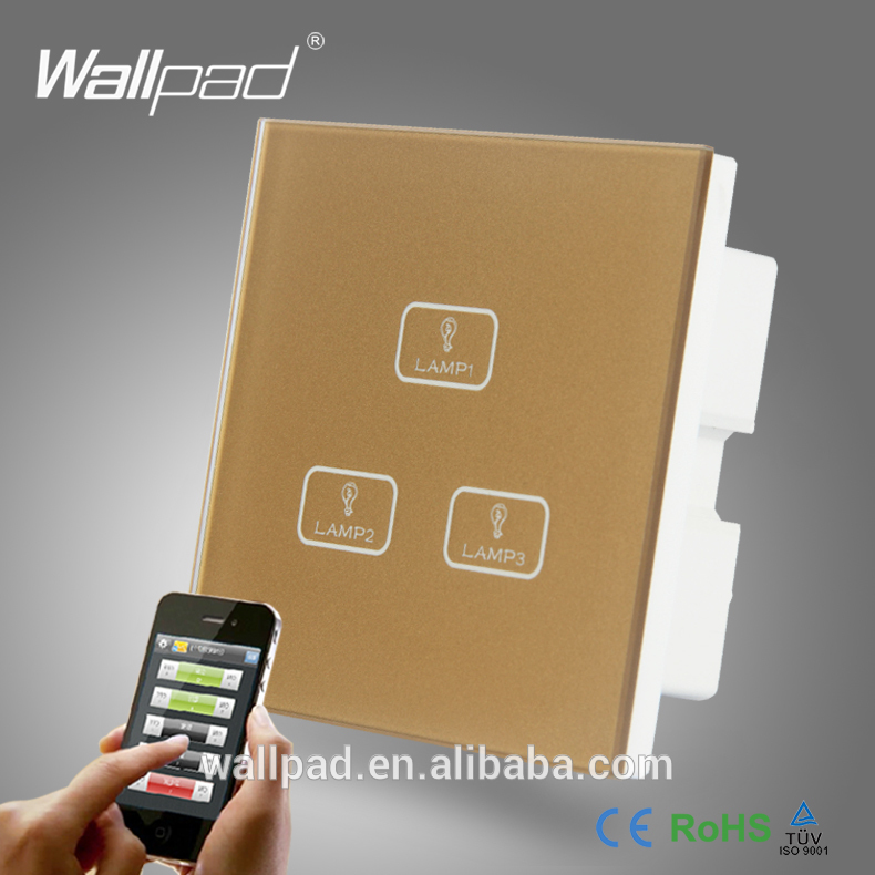スマートホーム3ギャングwifiコントロールwallpadゴールドガラスled3ギャング2ウェイ無線lanリモート制御光スイッチ照明制御のための-壁スイッチ問屋・仕入れ・卸・卸売り