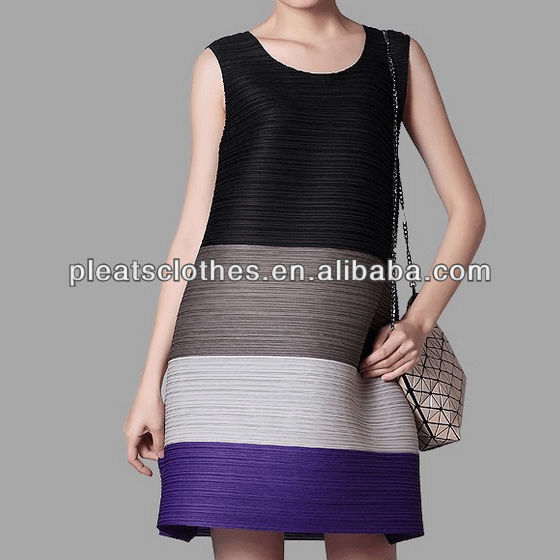 2015女性新しい ファッション服プリーツ デザイン ノースリーブ カラー組み合わせる マキシ帰郷ドレス用ヨーロッパ セックス若い オープン女性-プラスサイズドレス、スカート問屋・仕入れ・卸・卸売り