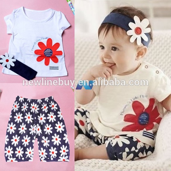 赤ちゃんの女の子キッズtシャツパンツショートフラワーヘッドバンドの上部3個服衣装-ベビーセーター問屋・仕入れ・卸・卸売り