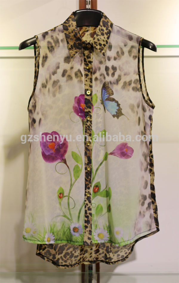 新しいスタイル2014年ヒョウ花寅印刷の女性のシフォンブラウス-プラスサイズシャツ、ブラウス問屋・仕入れ・卸・卸売り