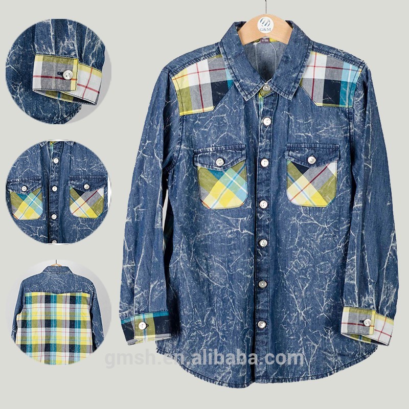 子供のユニセックス2016スタイリッシュデニムシャツ格子縞のコントラスト-キッズ服　シャツ、トップス問屋・仕入れ・卸・卸売り