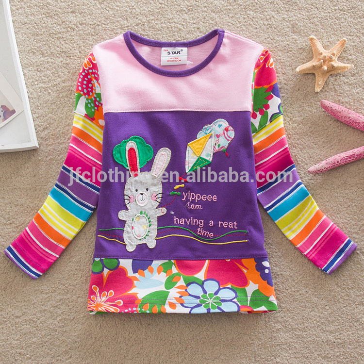 2-6y( 65536#blueとピンク) 熱い販売法の高品質の輸出ロシアの人気のバニーアップリケtシャツの子供たち女の赤ちゃんの摩耗-キッズ服　Tシャツ問屋・仕入れ・卸・卸売り