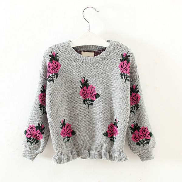 子供のウールプルオーバー薔薇柄手作りのセーター女の子のためのデザイン-キッズ服　セーター問屋・仕入れ・卸・卸売り