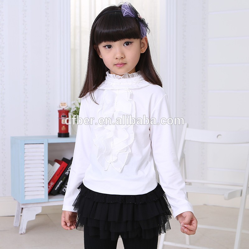 女の子新しい秋ファッション衣類レースのシャツの長い袖の純粋な白いブラウス/baseシャツ-キッズ服　シャツ、トップス問屋・仕入れ・卸・卸売り