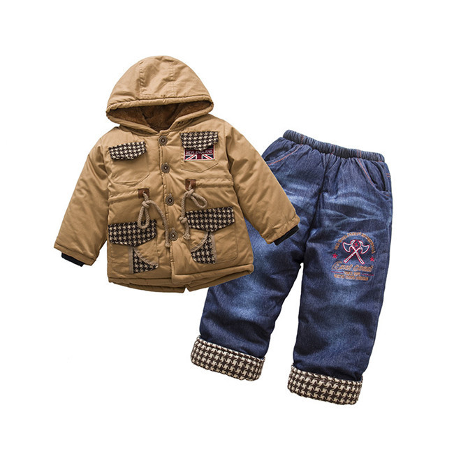 ヨーロッパの子供カジュアル2個2015赤ちゃん男の子の冬服刺繍デニムパンツと暖かい厚いコート-キッズ服　セット問屋・仕入れ・卸・卸売り