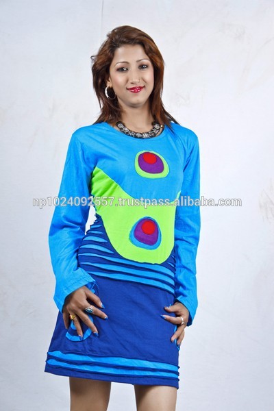 チュニック/ネパール/スカート/ドレス/女の子/パッチ適用ブルー/ 100%綿-プラスサイズシャツ、ブラウス問屋・仕入れ・卸・卸売り
