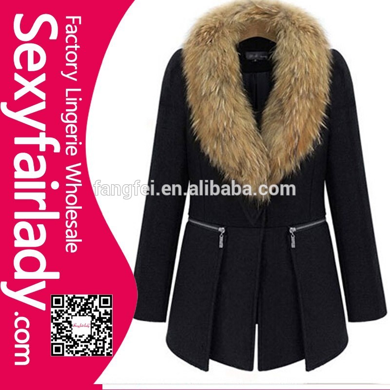 秋2015/冬新デザインウールのコートの毛皮の襟の女性服ウールジャケットコートファーの冬のジャケットの女性-コート問屋・仕入れ・卸・卸売り