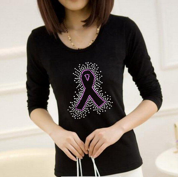 美しい乳がんピンクリボンホットフィックスラインストーン女性のtシャツ、 中国100綿のtシャツメーカー-Tシャツ問屋・仕入れ・卸・卸売り
