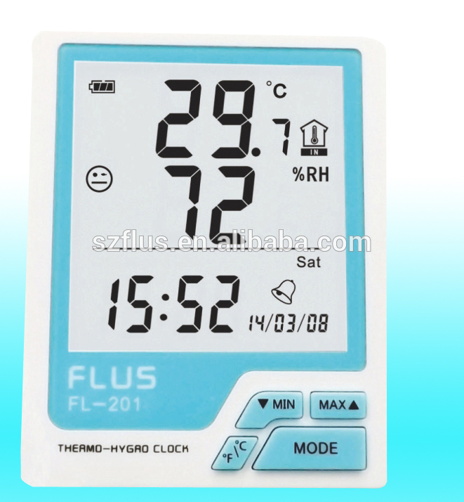 Flus工場価格デジタル lcd温度計湿度計時計-水分計問屋・仕入れ・卸・卸売り