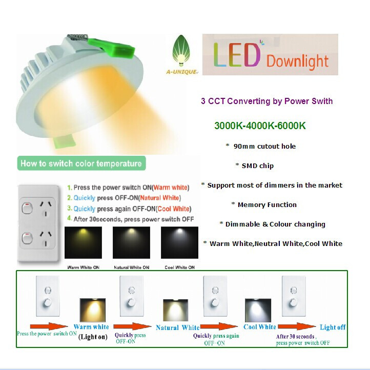 3 cct色変える led ダウン ライト 、 saa ダウン カラー変更可能、 90 ミリメートル切り抜き 12 ワット led ダウン ライト-LED Downlights問屋・仕入れ・卸・卸売り