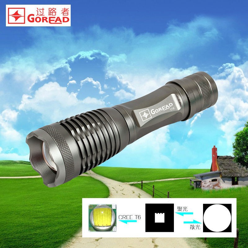 Goread y19 シルバー アルミ t6懐中電灯フォーカス可能な充電式高明るい 18650 led トーチ-LED懐中電灯問屋・仕入れ・卸・卸売り