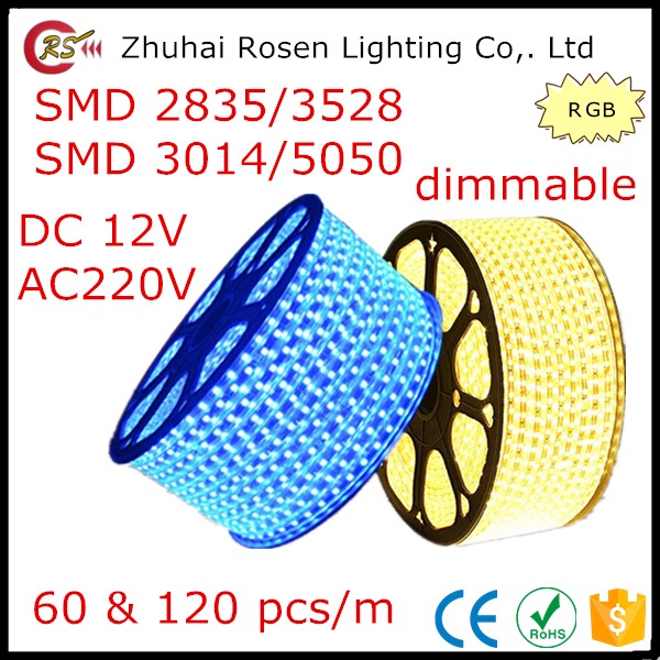 60 120 leds/m防水smd 2835 3528 3014 5050調光可能な12ボルト220ボルトrgb ledストリップライトリモコン付き-LEDの滑走路端燈問屋・仕入れ・卸・卸売り