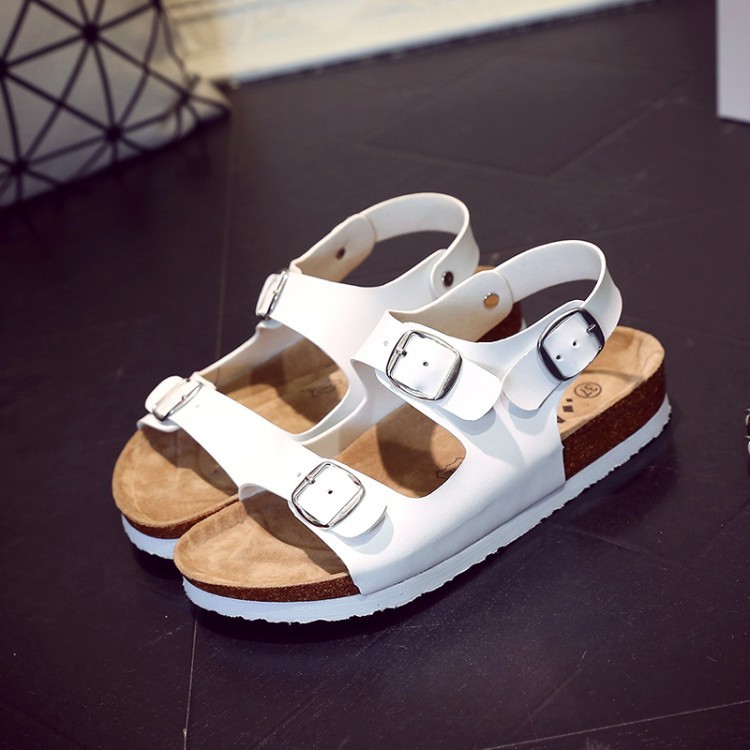 新しいデザインレディースサンダルコルクスリッパマイクロファイバー革のぞき見つま先の夏の靴フラットサンダルバックルビーチ靴-サンダル問屋・仕入れ・卸・卸売り