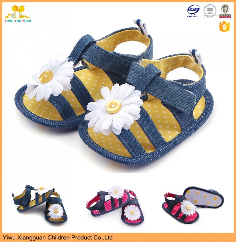 美しいフラワーデザインデニム素材柔らかいソール赤ちゃん女の子サンダル靴-ベビー靴問屋・仕入れ・卸・卸売り