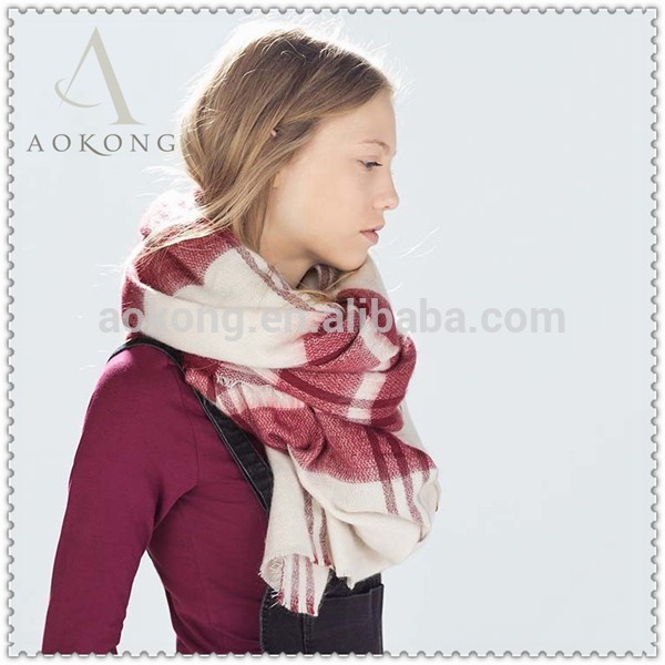 hotableと赤タータンクリーム色のファッション冬のスカーフ-ニットショール問屋・仕入れ・卸・卸売り