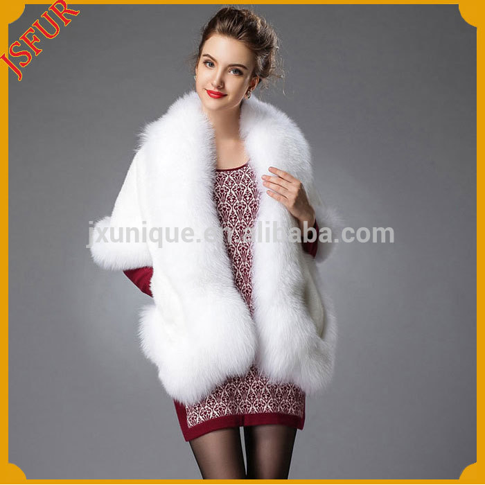 2015ファッションエレガントな女性の豪華な本物のミンクの毛皮のショールを持つキツネの毛皮トリム-ファーショール問屋・仕入れ・卸・卸売り