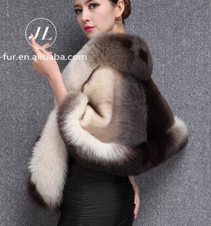 2015毛皮を盗んだ、 ミンク毛皮ケープ最高品質とキツネの毛皮トリム-ファーショール問屋・仕入れ・卸・卸売り