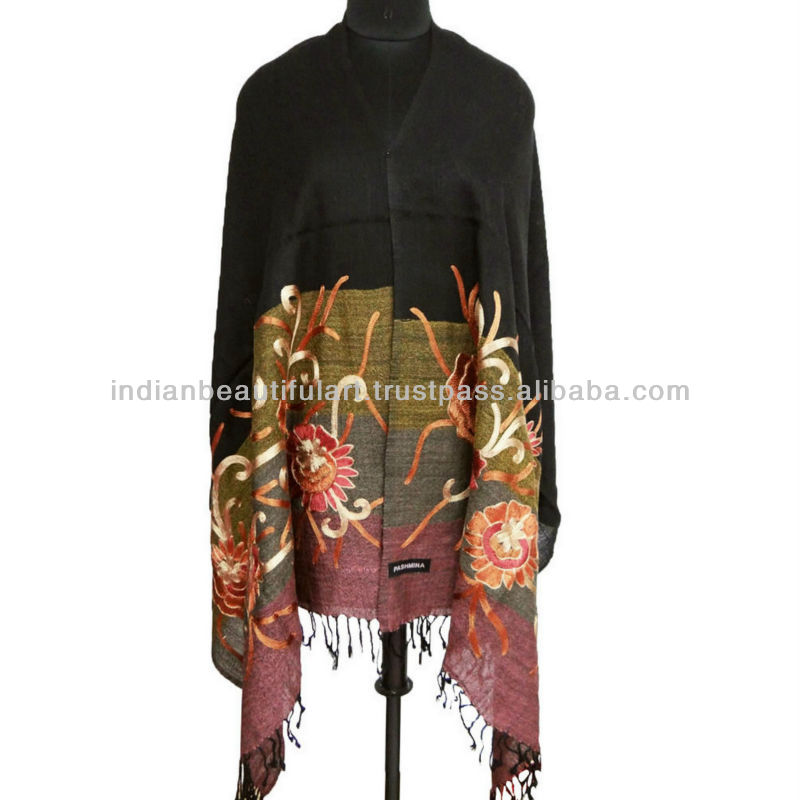 100%の純粋なウールのPashminaのストールの黒の鎖のstritchのCrewelの花の糸の刺繍の覆いのインドの女性-ニットショール問屋・仕入れ・卸・卸売り