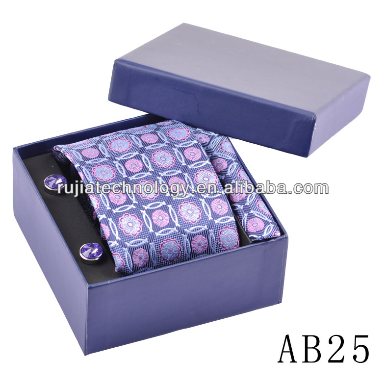 紫色の花柄の男性のネクタイ100％シルクネクタイカフスボタンとハンカチ付き収納ボックス-シルクタイ問屋・仕入れ・卸・卸売り