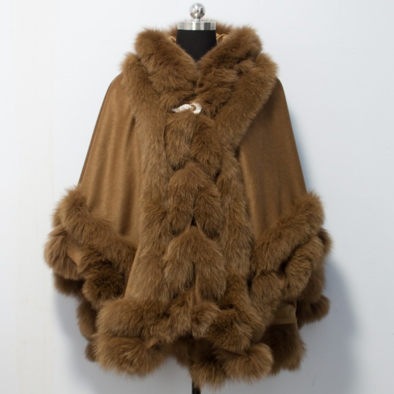 ファッション2015付きカシミヤケープ二重ねじれキツネの毛皮の女性のための-ファーショール問屋・仕入れ・卸・卸売り