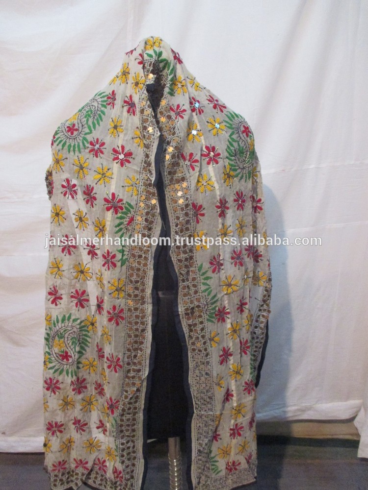 Phulkari花長い手刺繍インドのドゥパッタkanthaのスカーフは、 盗んだラップショール/インドのタペストリー/分厚いカラフルな花のラップ-シルクショール問屋・仕入れ・卸・卸売り
